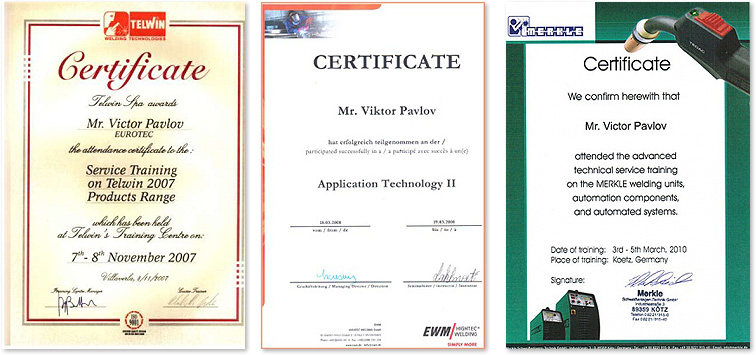 Сертификаты о прохождении обучения у производителей